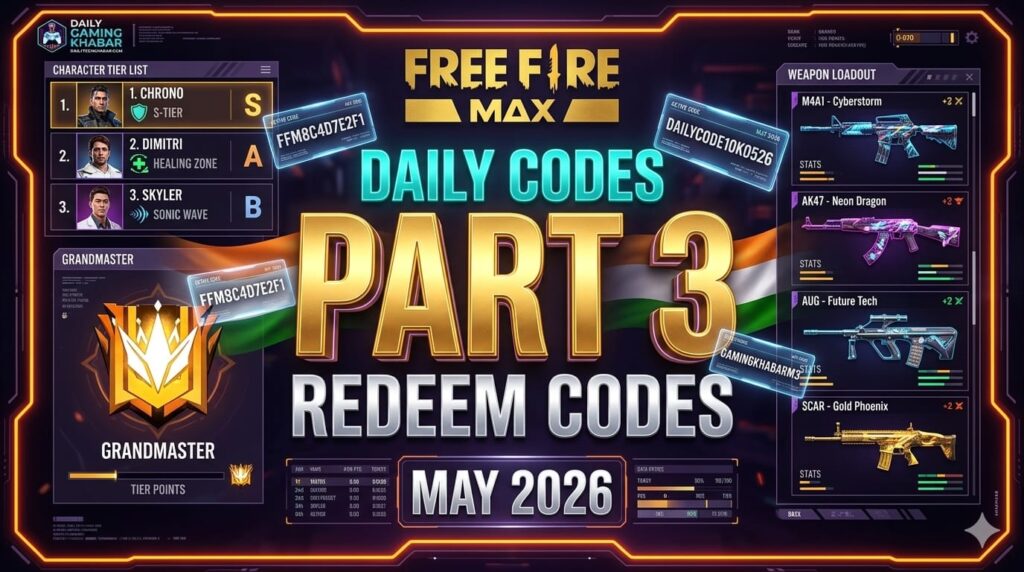Daily Free Fire MAX redeem codes for 10 May 2026. Character tier list, rank push secrets, weapon loadouts & personal Grandmaster routine for Indian server players.